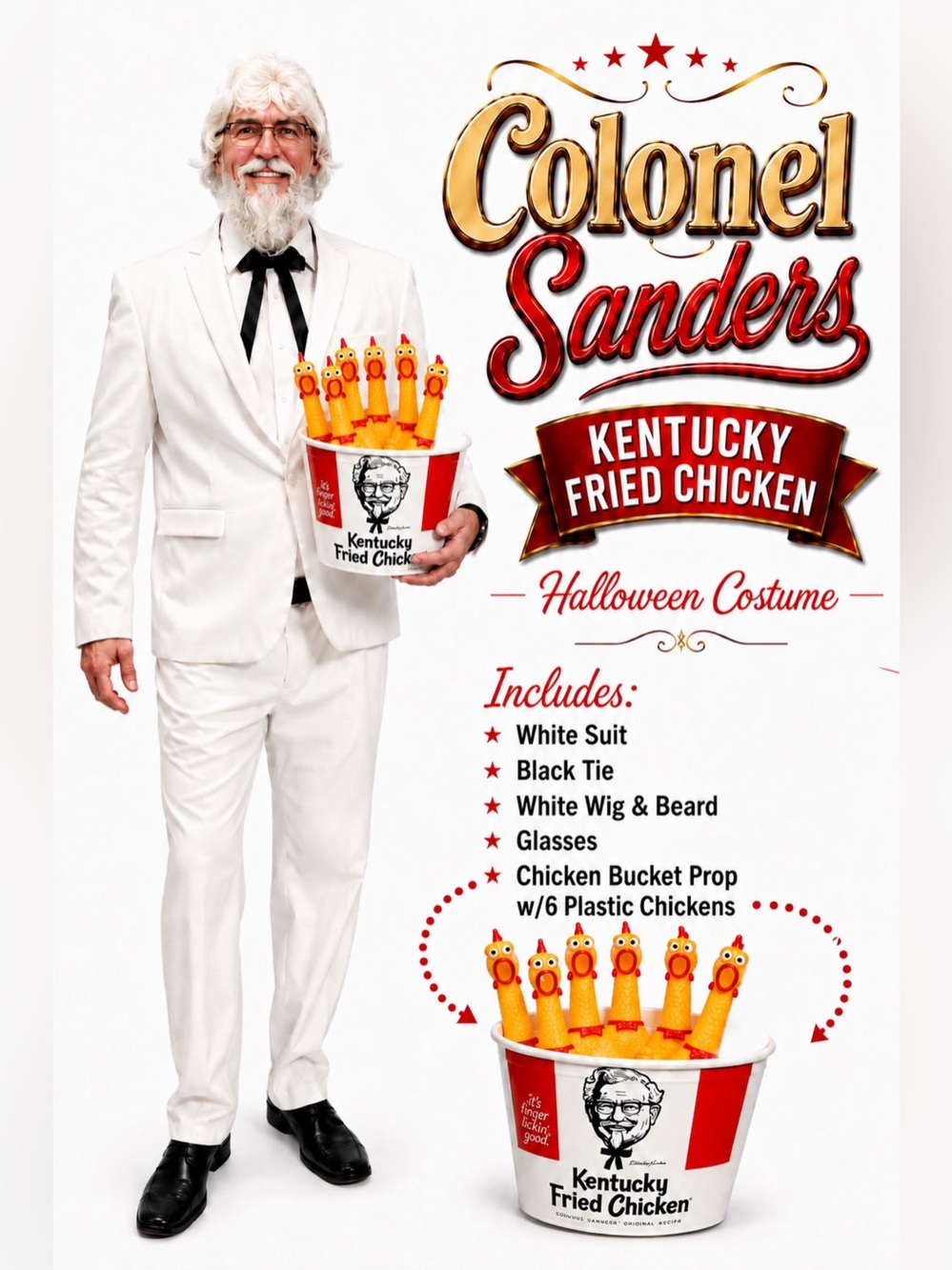 🍗 Premium Colonel Sanders Halloween Costume Set XL + Chicken Bucket Prop